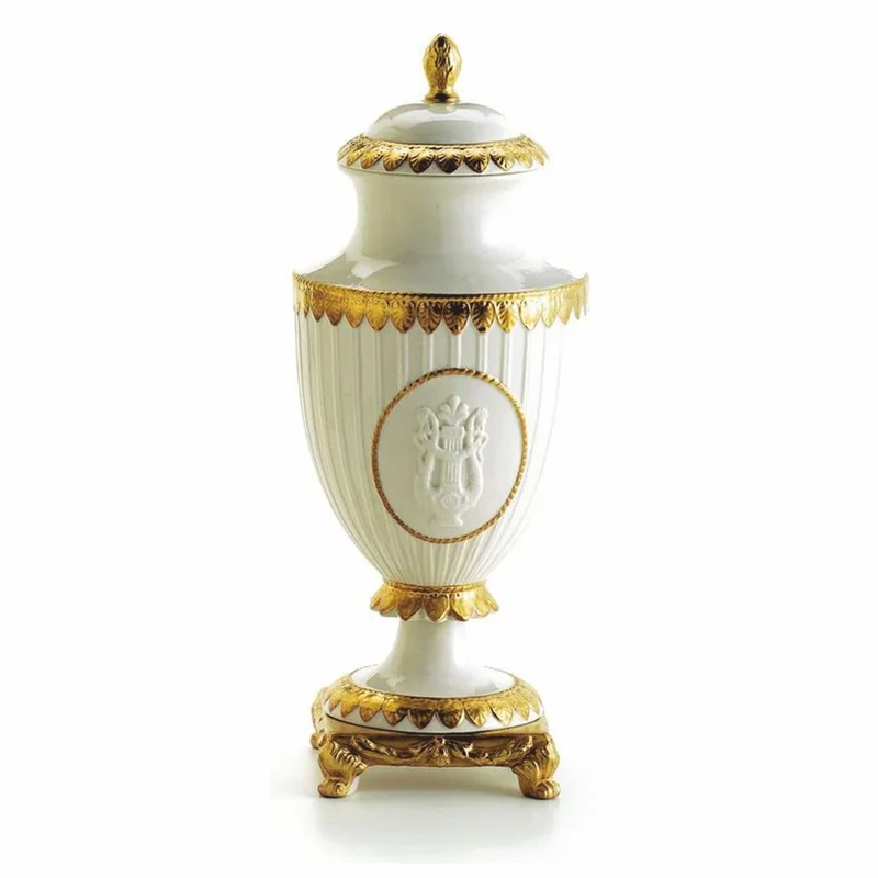 Casa Padrino Luxus Barock Porzellan Vase mit Deckel Weiß / Gold H. 32 cm - Made in Italy