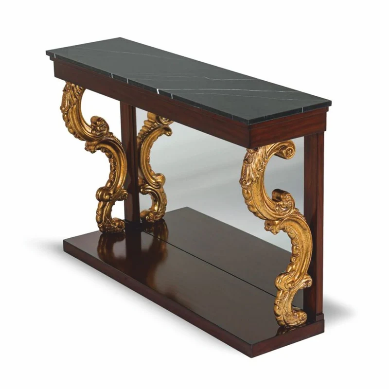 Casa Padrino Luxus Barock Konsole mit Spiegel und Marmorplatte Dunkelbraun / Antik Gold / Schwarz 130 cm