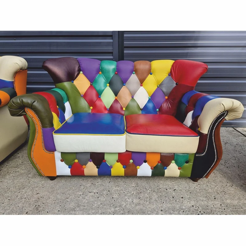 Casa Padrino Luxus Chesterfield Leder 2er Sofa Bunt / Dunkelbraun 150 cm - Patchwork Echtleder Möbel
