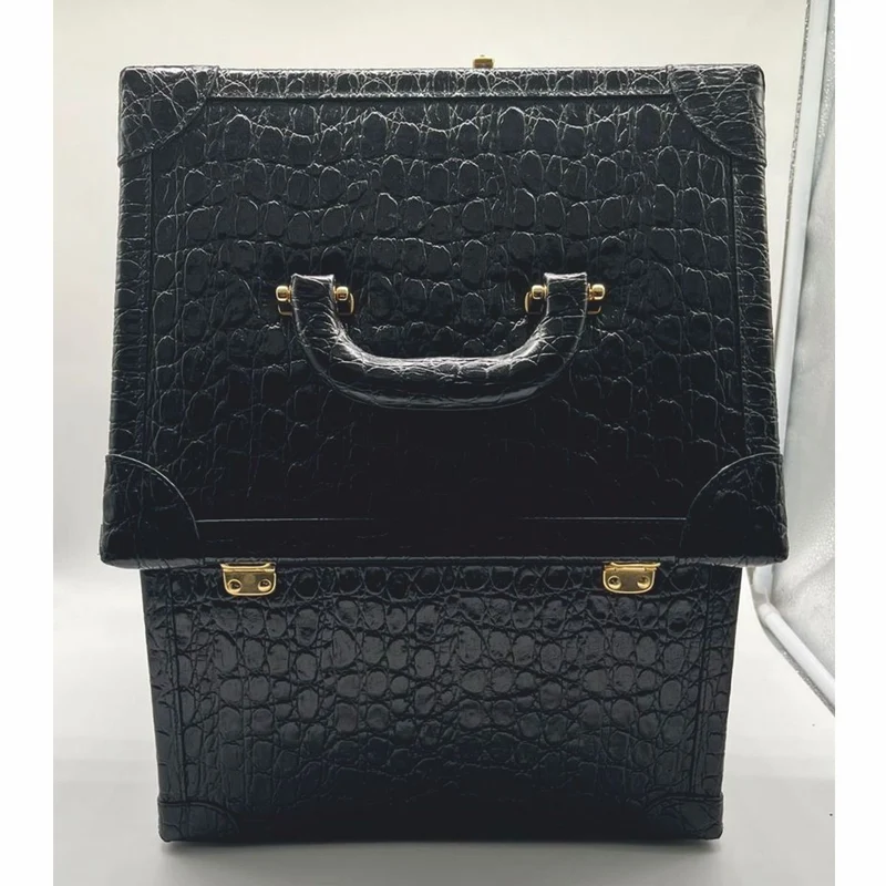 Casa Padrino Luxus Echtleder Schminkkoffer Schwarz / Gold 28 x 16 x H. 16 cm