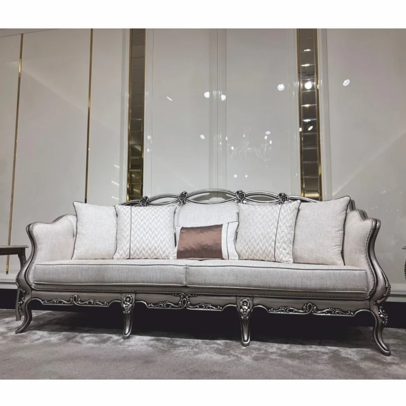 Casa Padrino Luxus Barock Wohnzimmer Sofa Creme / Silber 225 cm - Barock Möbel