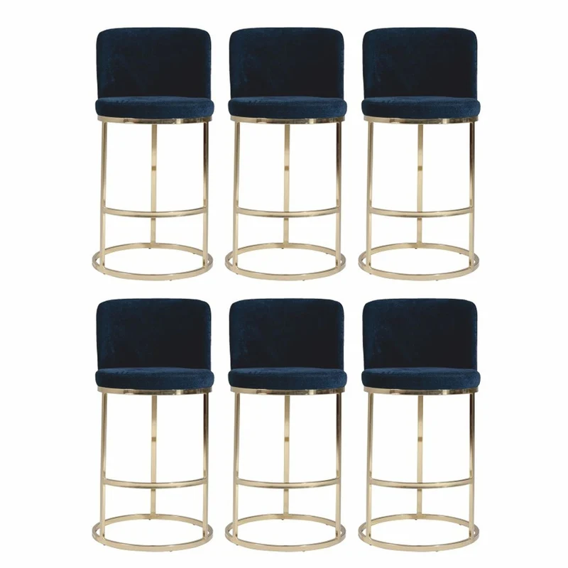 Casa Padrino Luxus Barstuhl 6er Set Dunkelblau / Gold H. 110 cm - Bar Möbel