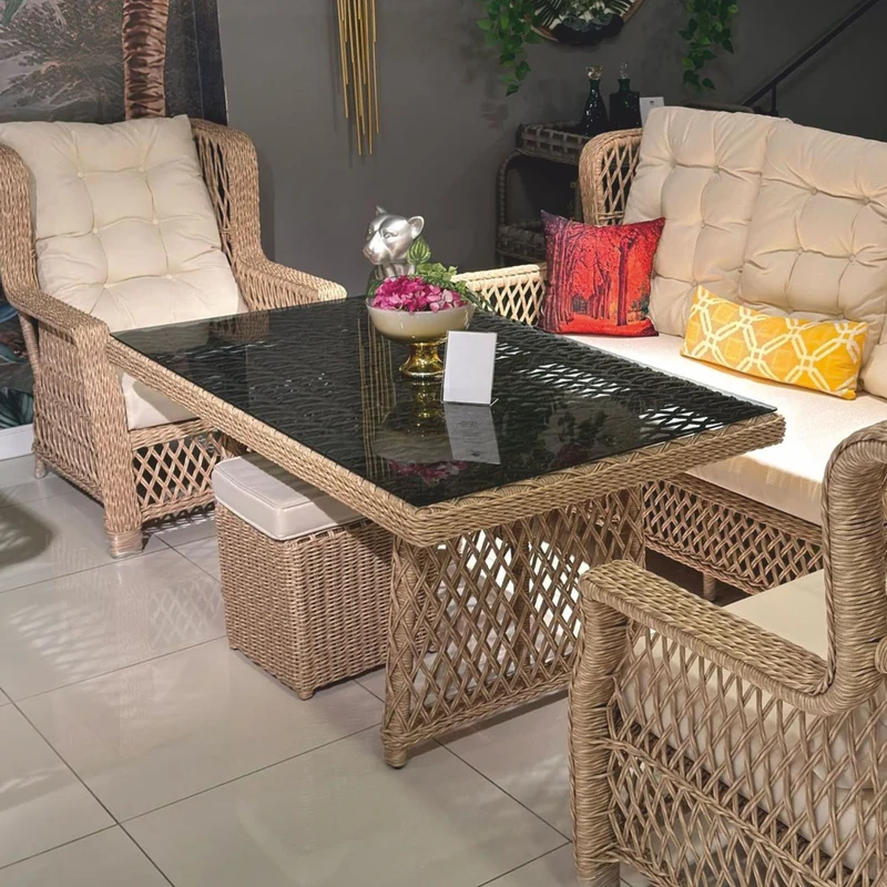 Casa Padrino Luxus Rattan Garten Esstisch mit Glasplatte Naturfarben / Grau 200 cm