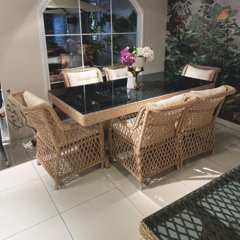 Casa Padrino Luxus Rattan Garten Esstisch mit Glasplatte Naturfarben / Grau 200 cm