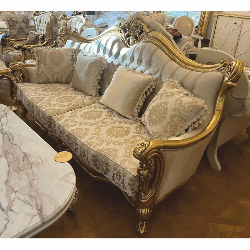 Casa Padrino Luxus Barock Wohnzimmer Sofa Creme / Gold 220 cm - Barock Möbel