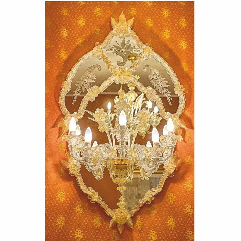 Casa Padrino Luxus Barock Spiegel mit Wandleuchte Gelb H. 115 cm - Made in Italy