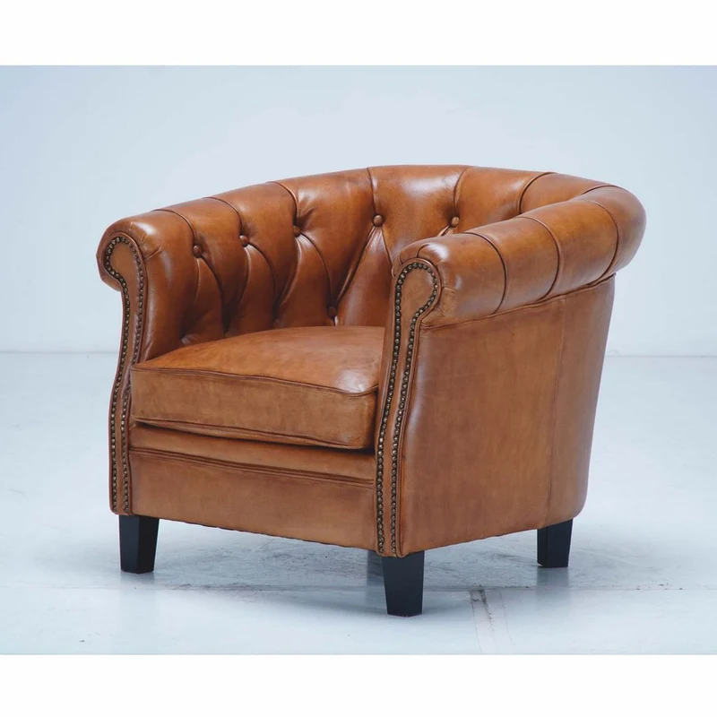 Casa Padrino Luxus Chesterfield Echtleder Sessel Hellbraun / Schwarz - Echtleder Möbel