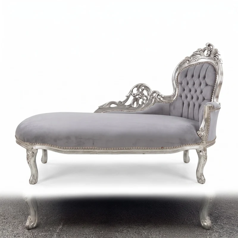 Casa Padrino Barock Chaiselongue Rechte Seite Grau / Silber 155 cm - Barock Möbel