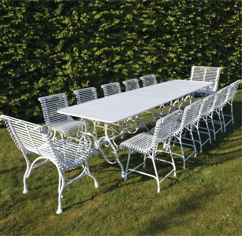 Casa Padrino Jugendstil Schmiedeeisen Garten Möbel Set Weiß 300 x 100 cm - Garten Tisch & 10 Garten Stühle