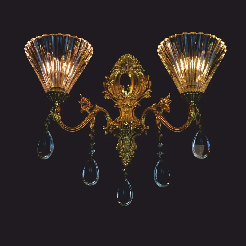 Casa Padrino Luxus Barock LED Kristall Doppel Wandleuchte Gold 43 x 23 x H. 39 cm - Barock Leuchten