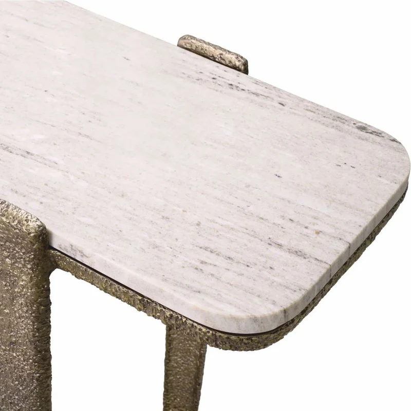 Casa Padrino Luxus Aluminium Konsole mit Marmorplatte Antik Messing / Beige 140 cm
