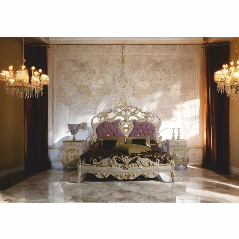 Casa Padrino Luxus Barock Doppelbett mit 2 Nachtkommoden Creme / Gold / Lila - Made in Italy