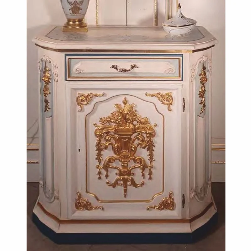 Casa Padrino Luxus Barock Nachtkommode Weiß / Hellblau / Gold H. 89 cm - Made in Italy