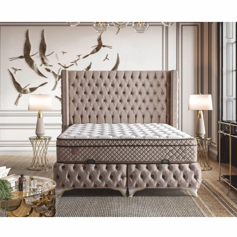 Casa Padrino Luxus Chesterfield Samt Doppelbett mit Matratze Greige / Weiß / Gold - Verschiedene Größen