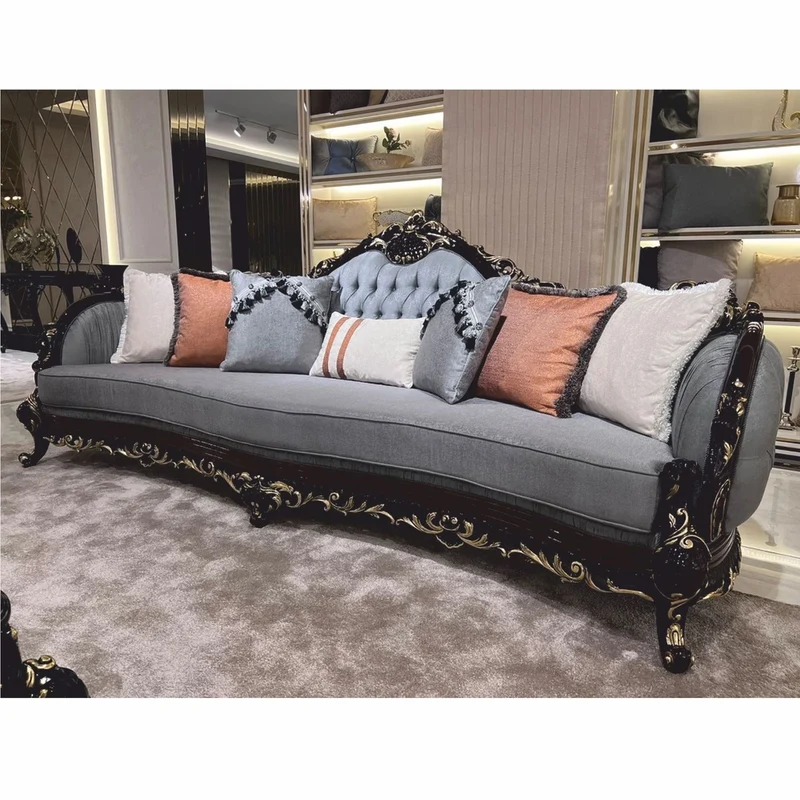 Casa Padrino Luxus Barock Wohnzimmer Sofa Hellblau / Dunkelbraun / Gold 295 cm - Barock Möbel
