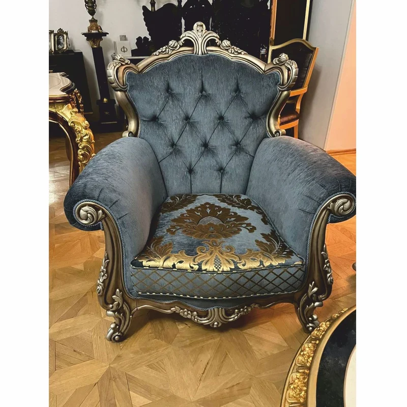 Casa Padrino Luxus Barock Wohnzimmer Möbel Set Blau / Gold / Silber - Barockstil Möbel