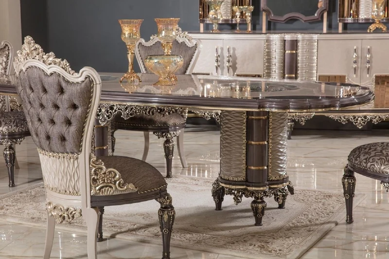 Casa Padrino Luxus Barock Esszimmer Stuhl 8er Set Grau / Braun / Gold H. 110 cm - Barock Esszimmer Möbel