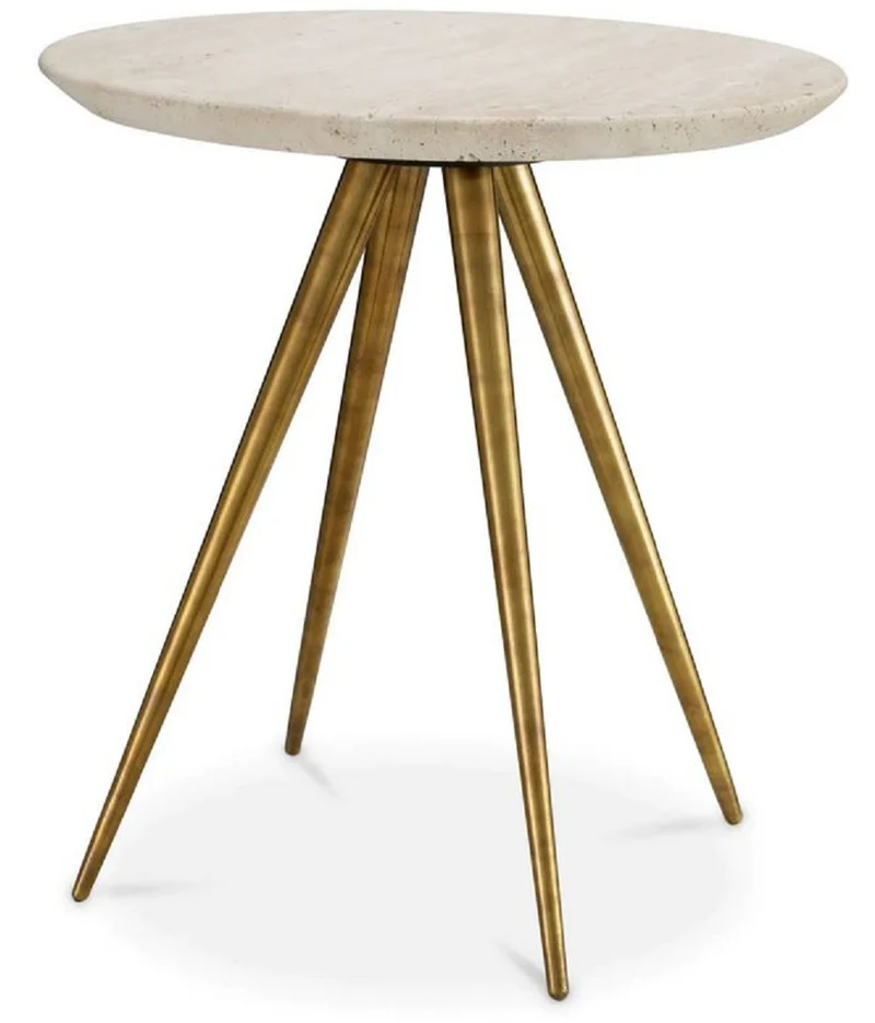 Casa Padrino Luxus Beistelltisch mit Travertin Tischplatte Beige / Vintage Messing Ø 45,5 x H. 47,5 cm