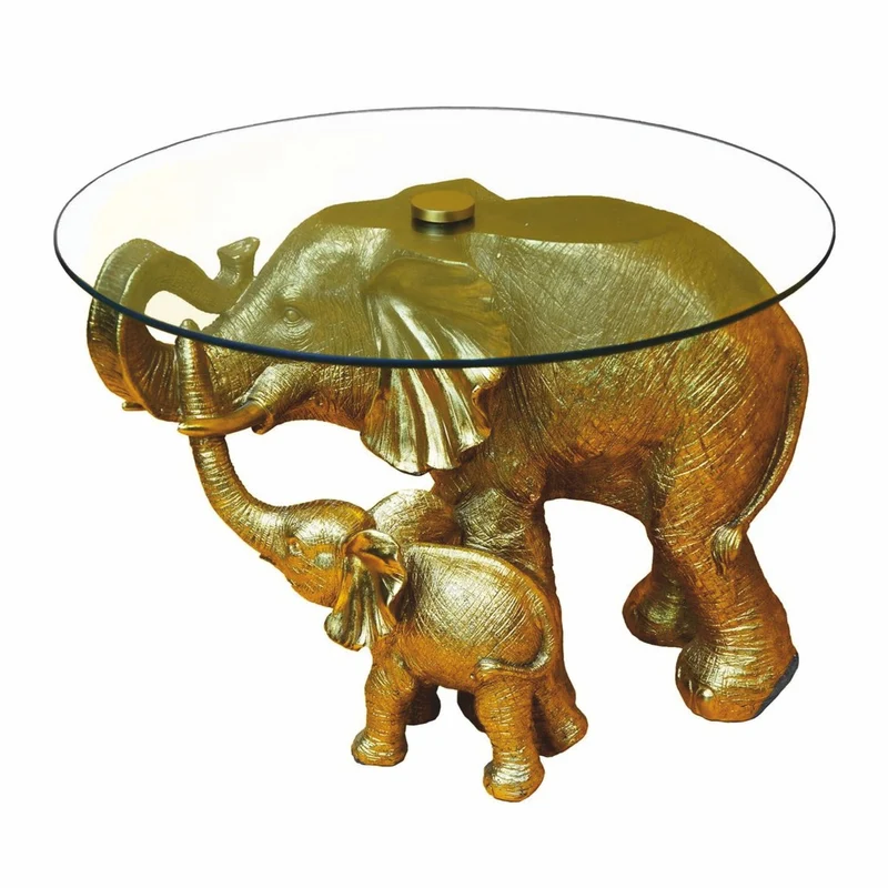 Casa Padrino Luxus Kunstharz Couchtisch mit Glasplatte Elefanten Gold Ø 60 x H. 40 cm