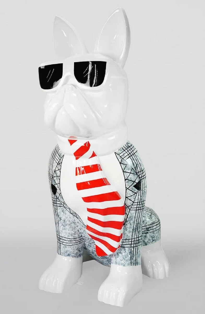 Casa Padrino XXL Skulptur Hund Bulldogge Weiß / Schwarz / Rot H. 196 cm - Garten Deko Figur