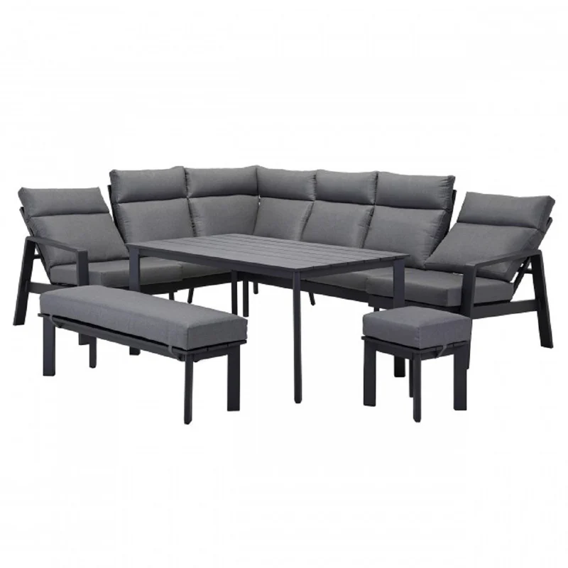 Casa Padrino Luxus Garten Möbel Set Grau - 1 Tisch & 1 Ecksofa & 1 Sitzbank & 1 Hocker