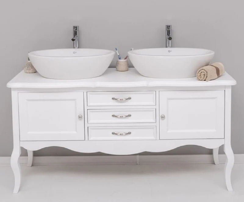 Casa Padrino Landhausstil Massivholz Doppel Waschtisch Weiß 150 cm - Landhausstil Badezimmer Möbel