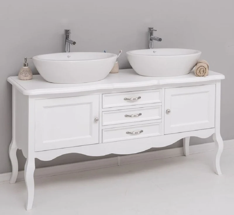 Casa Padrino Landhausstil Massivholz Doppel Waschtisch Weiß 150 cm - Landhausstil Badezimmer Möbel