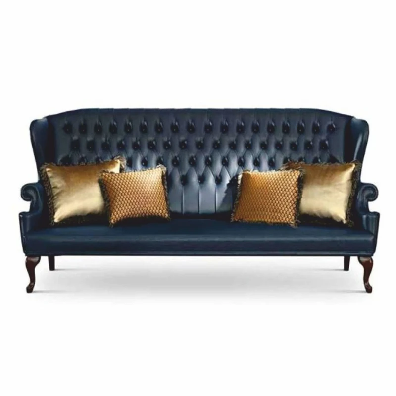 Casa Padrino Luxus Barock Chesterfield Leder Hochlehn Sofa Blau / Dunkelbraun 220 cm - Made in Italy