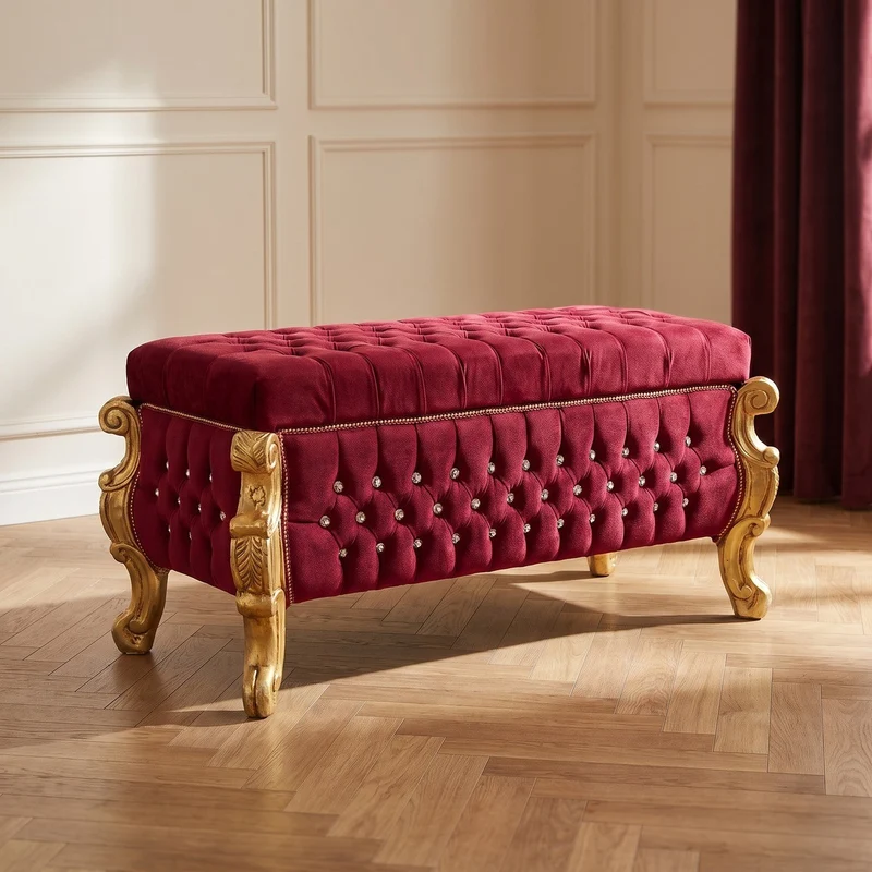 Casa Padrino Barock Sitzbank - Truhe mit Glitzersteinen Bordeauxrot / Gold - Barock Möbel