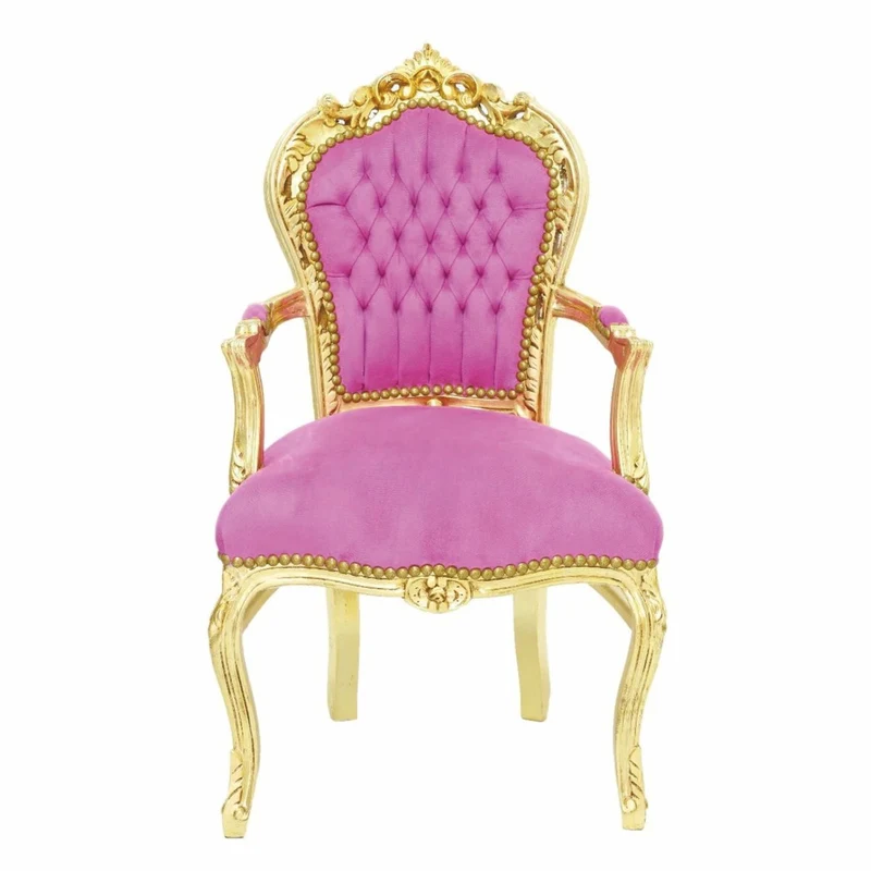 Casa Padrino Barock Samt Esszimmer Stuhl mit Armlehnen Rosa / Gold - Barock Möbel