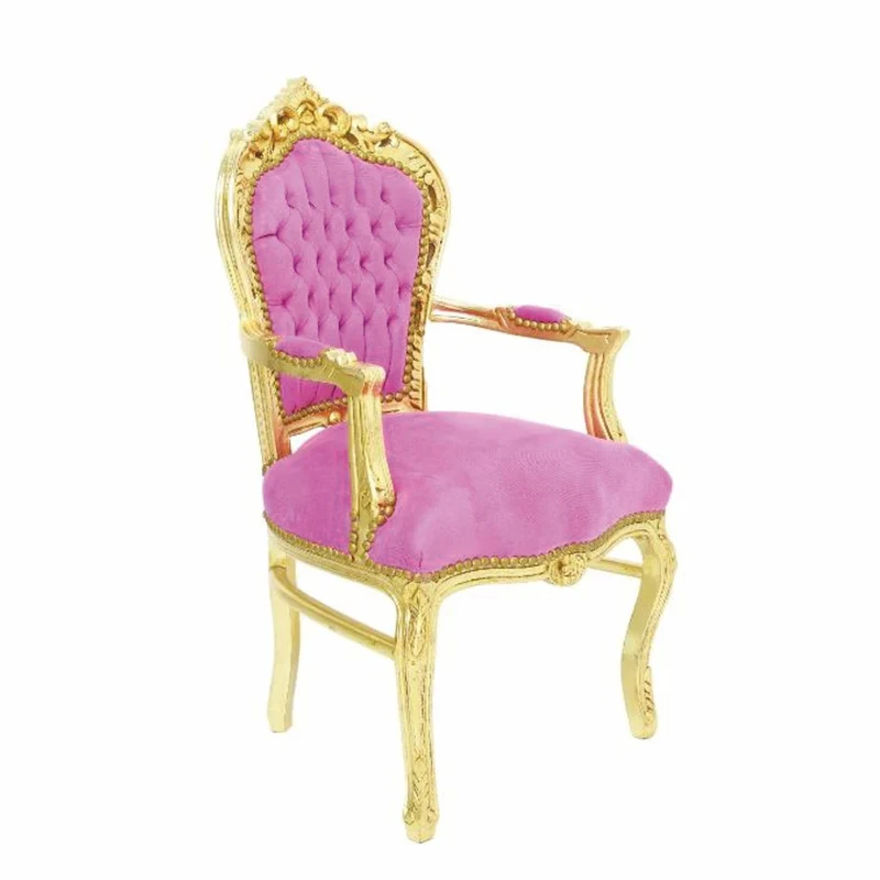 Casa Padrino Barock Samt Esszimmer Stuhl mit Armlehnen Rosa / Gold - Barock Möbel