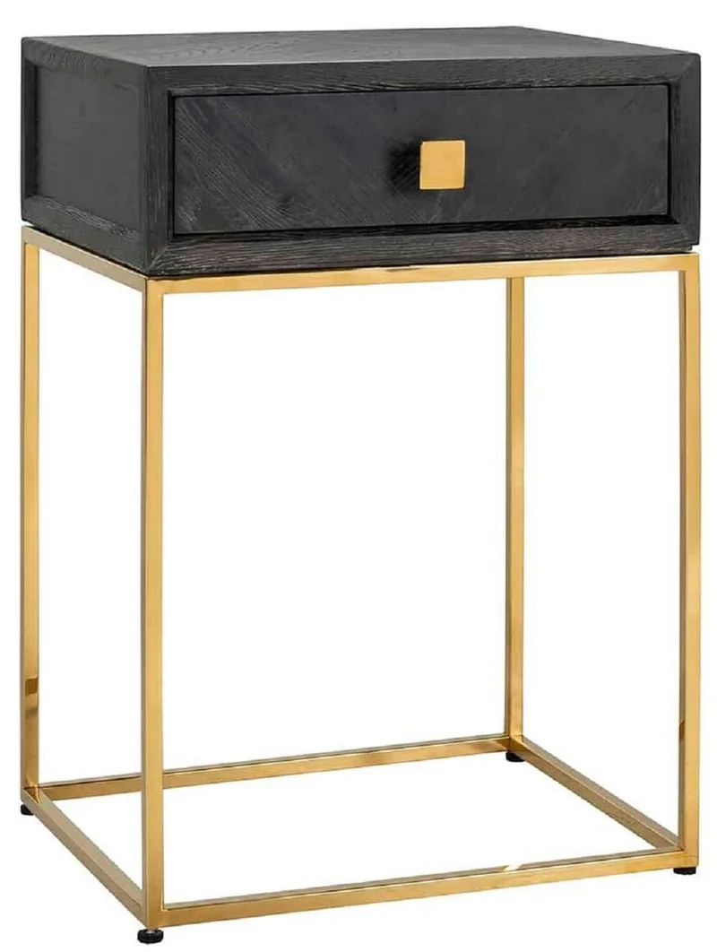 Casa Padrino Luxus Beistelltisch Schwarz / Gold 50 x 40 x H. 71 cm - Massivholz Nachttisch mit Schublade und Edelstahl Gestell - Luxus Schlafzimmer Möbel
