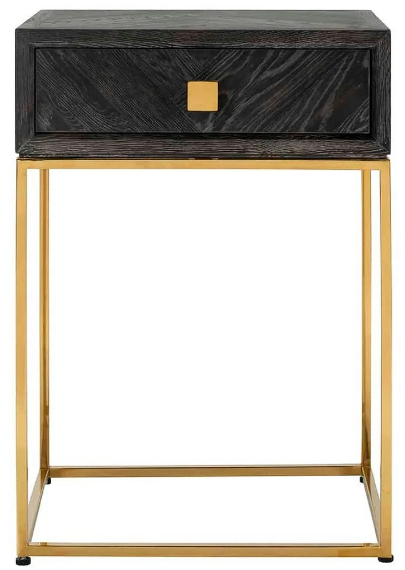 Casa Padrino Luxus Beistelltisch Schwarz / Gold 50 x 40 x H. 71 cm - Massivholz Nachttisch mit Schublade und Edelstahl Gestell - Luxus Schlafzimmer Möbel