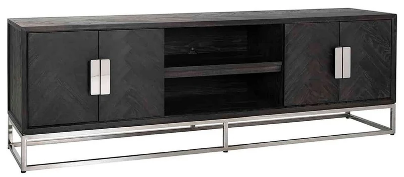 Casa Padrino Luxus TV Schrank Schwarz / Silber 185 x 42,5 x H. 60 cm - Massivholz Sideboard mit 4 Türen - Wohnzimmer Möbel - Hotel Möbel - Luxus Kollektion