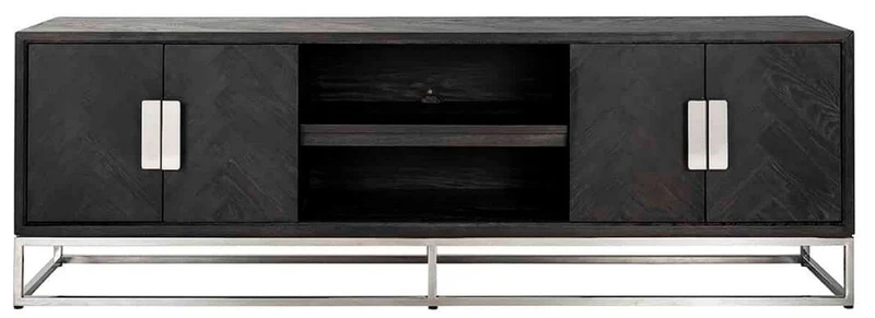 Casa Padrino Luxus TV Schrank Schwarz / Silber 185 x 42,5 x H. 60 cm - Massivholz Sideboard mit 4 Türen - Wohnzimmer Möbel - Hotel Möbel - Luxus Kollektion