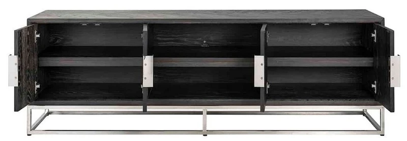Casa Padrino Luxus TV Schrank Schwarz / Silber 185 x 42,5 x H. 60 cm - Massivholz Sideboard mit 4 Türen - Wohnzimmer Möbel - Hotel Möbel - Luxus Kollektion