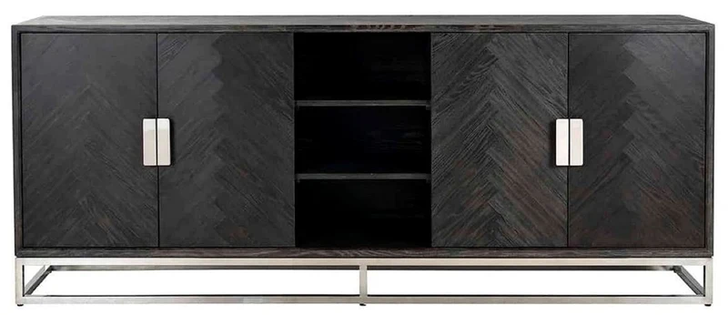Casa Padrino Luxus Sideboard Schwarz / Silber 225 x 45 x H. 90 cm - Massivholz Schrank mit 4 Türen - Wohnzimmer Möbel - Hotel Möbel - Luxus Kollektion