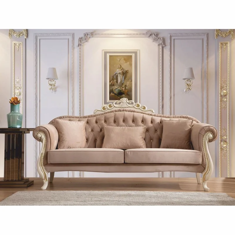 Casa Padrino Luxus Barock Wohnzimmer Sofa Hellbraun / Weiß / Gold 210 cm - Barockstil Möbel
