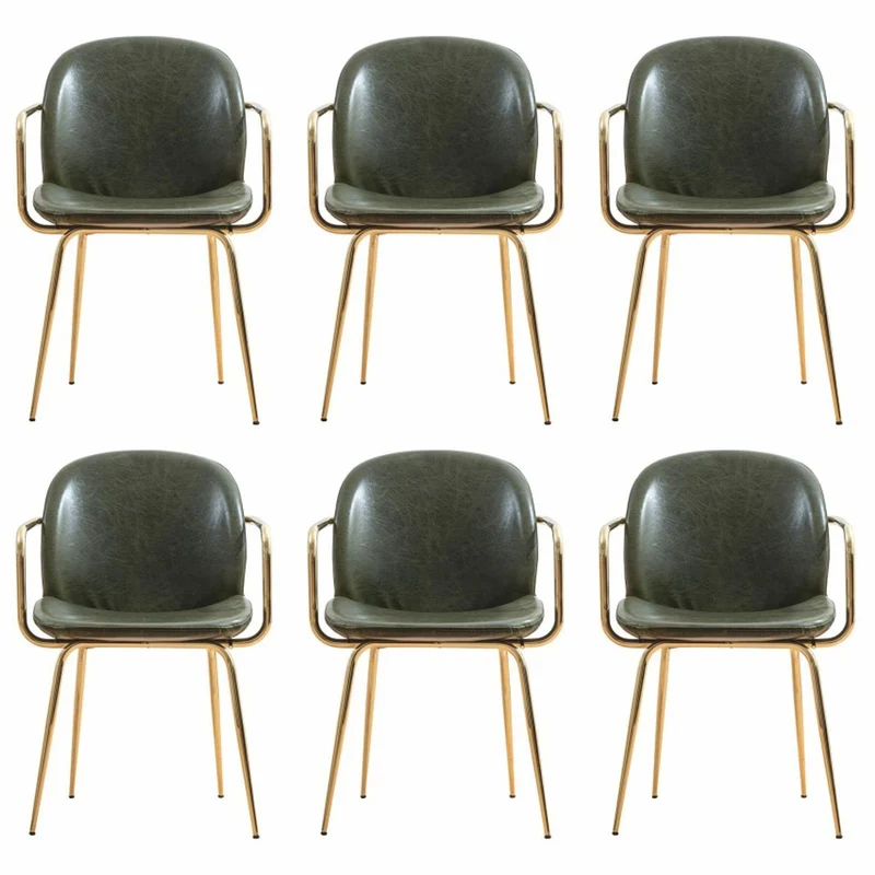 Casa Padrino Luxus Kunstleder Esszimmer Stuhl 6er Set mit Armlehnen Grün / Gold H. 84 cm