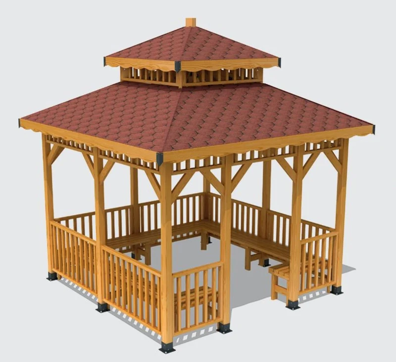 Casa Padrino Pavillon mit Sitzbänken Naturfarben / Braun 400 x 400 x H. 400 cm - Garten & Park Möbel
