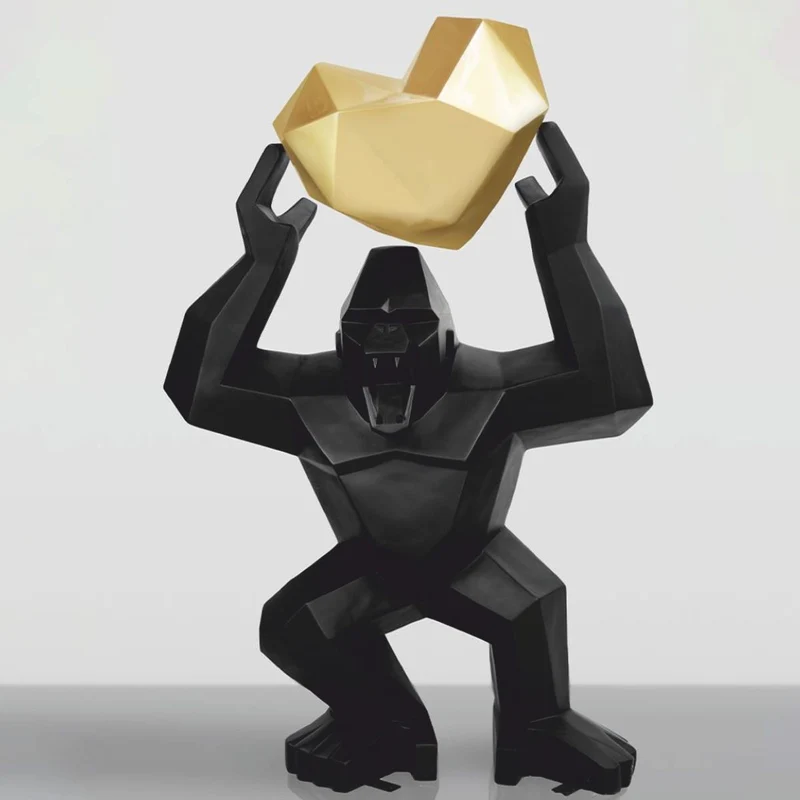 Casa Padrino XXL Deko Skulptur Gorilla mit Herz Schwarz / Gold H. 146 cm
