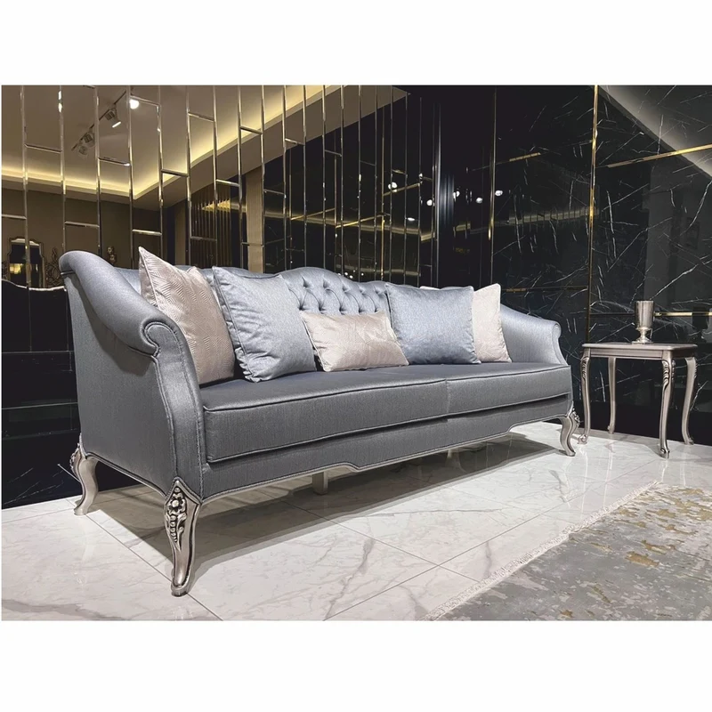 Casa Padrino Luxus Barock Sofa Hellblau / Silber 225 cm - Barockstil Wohnzimmer Möbel