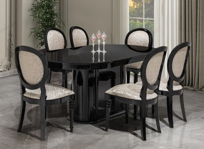 Casa Padrino Luxus Barock Esszimmer Set Silber / Schwarz - 1 Esstisch & 6 Esszimmerstühle
