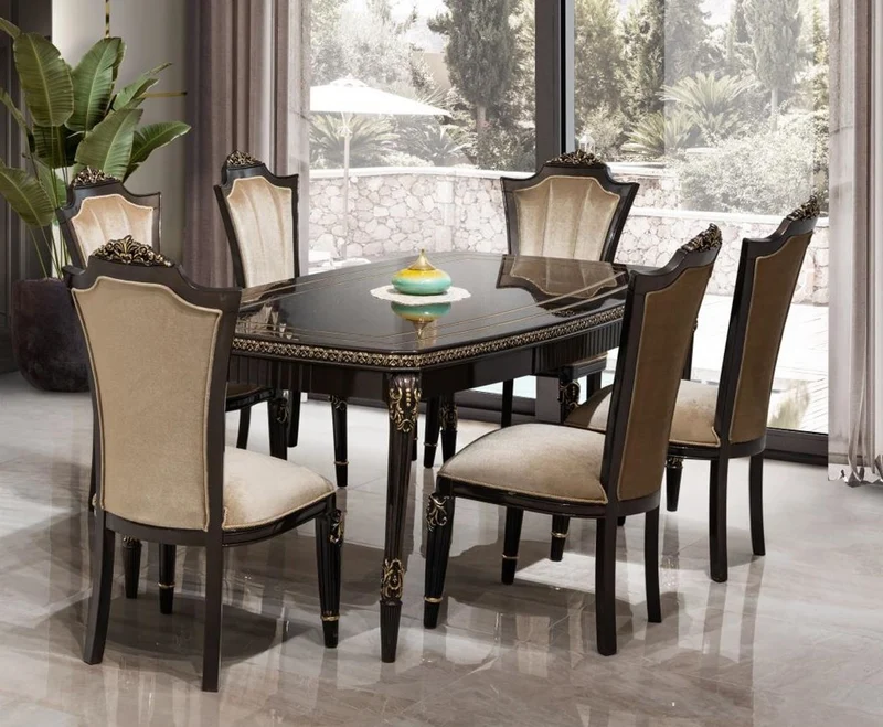 Casa Padrino Luxus Barock Esszimmer Set Hellbraun / Dunkelbraun / Gold - 1 Esstisch & 6 Esszimmerstühle