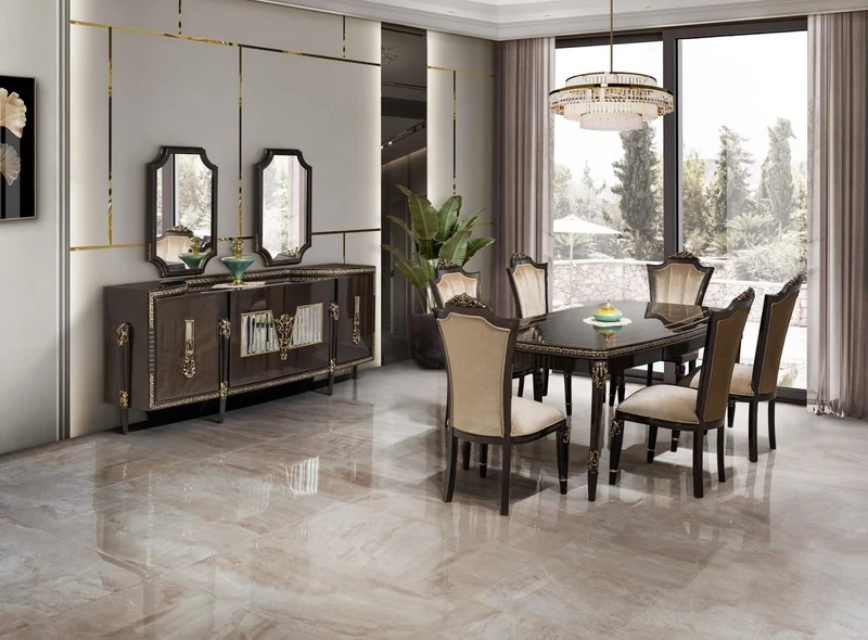 Casa Padrino Luxus Barock Esszimmer Set Hellbraun / Dunkelbraun / Gold - 1 Esstisch & 6 Esszimmerstühle