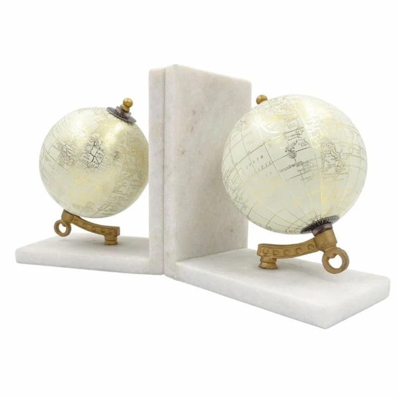 Casa Padrino Marmor Buchstützen Set Globus Weiß / Gold - Schreibtisch Deko