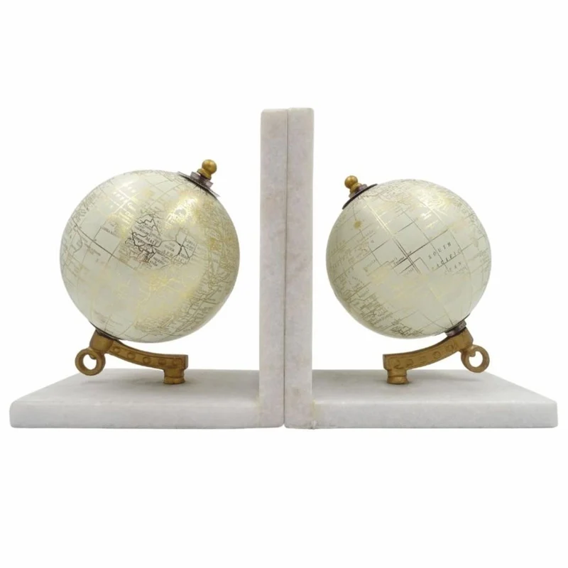 Casa Padrino Marmor Buchstützen Set Globus Weiß / Gold - Schreibtisch Deko