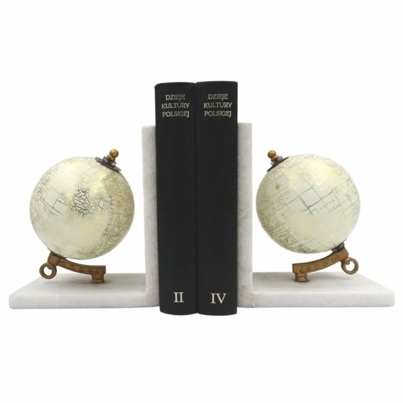 Casa Padrino Marmor Buchstützen Set Globus Weiß / Gold - Schreibtisch Deko