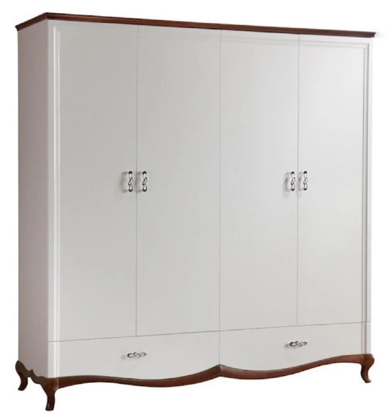 Casa Padrino Luxus Jugendstil Schlafzimmerschrank Hochglanz Weiß / Braun 204,4 x 62,5 x H. 209,5 cm - Massivholz Kleiderschrank mit 4 Türen und 2 Schubladen - Schlafzimmer Möbel