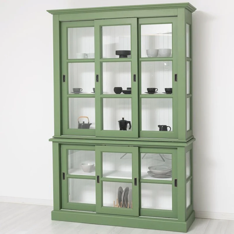 Casa Padrino Landhausstil Vitrine mit 6 Schiebetüren Grün / Weiß 151 x 47 x H. 220 cm